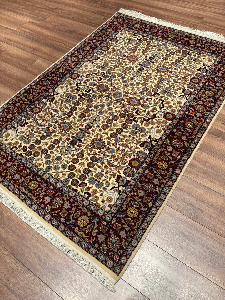 Hereke Seven Mountains Flower Original Handwoven Red Cream Wool Rug 125x182 cm (2.23 square meters) - 4x6 ft 