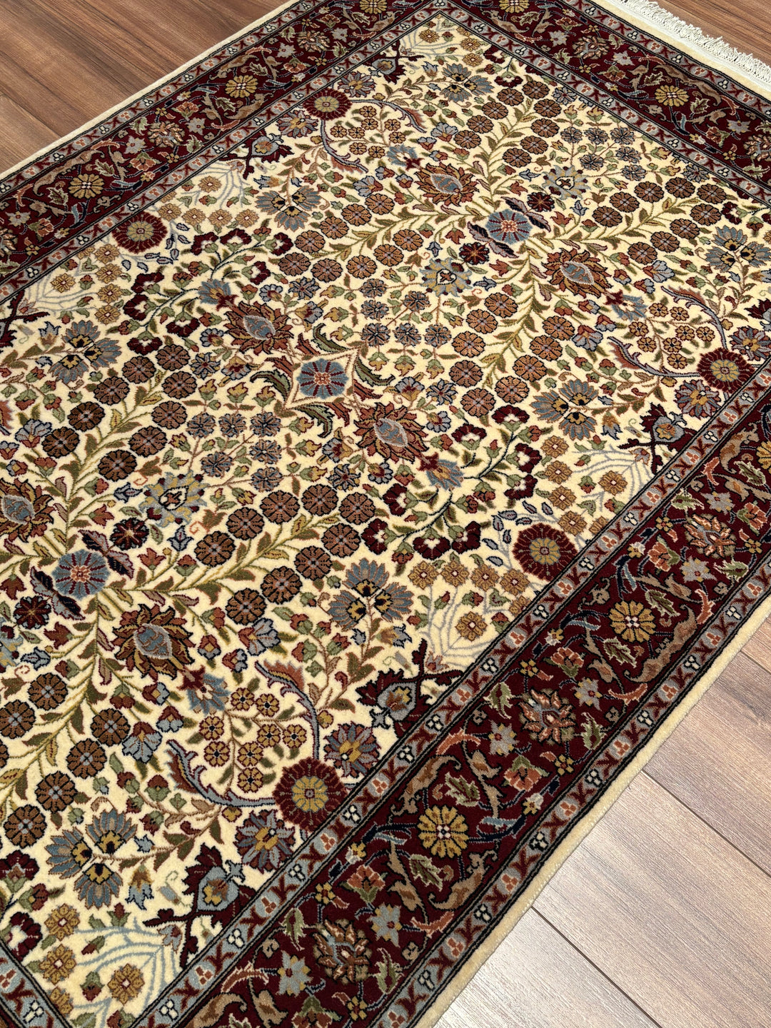 Hereke Seven Mountains Flower Original Handwoven Red Cream Wool Rug 125x182 cm (2.23 square meters) - 4x6 ft 