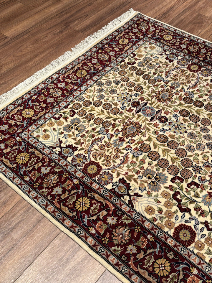 Hereke Seven Mountains Flower Original Handwoven Red Cream Wool Rug 125x182 cm (2.23 square meters) - 4x6 ft 