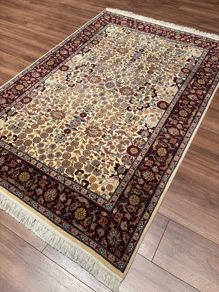 Hereke Seven Mountains Flower Original Handwoven Red Cream Wool Rug 125x182 cm (2.23 square meters) - 4x6 ft 