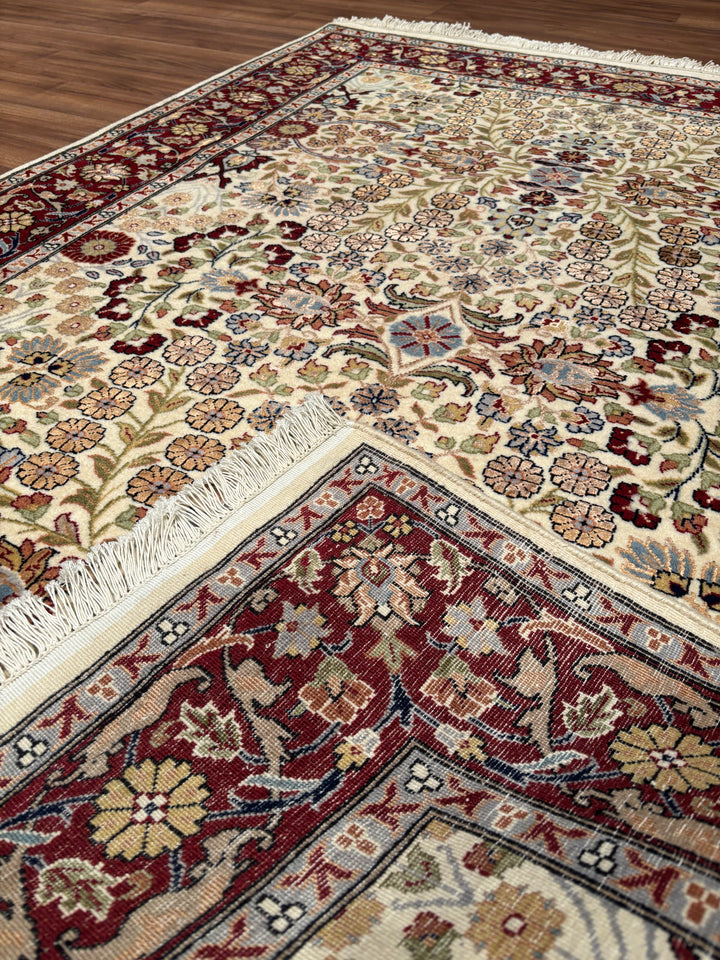 Hereke Seven Mountains Flower Original Handwoven Red Cream Wool Rug 125x182 cm (2.23 square meters) - 4x6 ft 