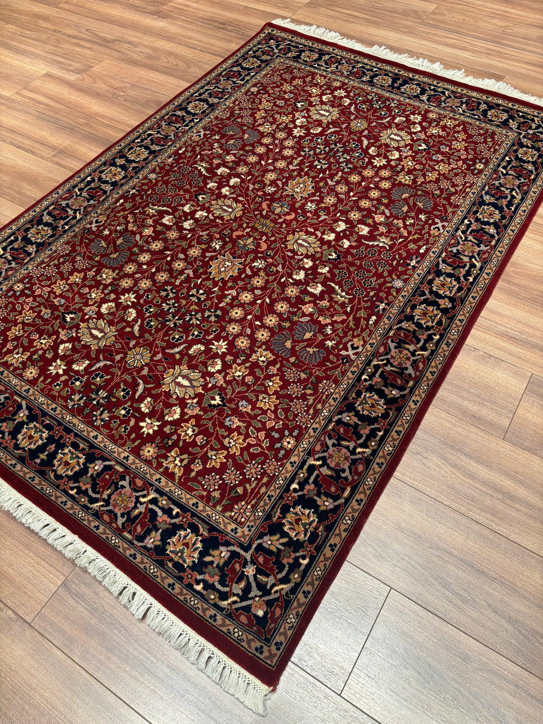 Hereke Seven Mountains Flower Original Handwoven Red and Navy Wool Rug 124x185 cm (2.29 square meters) - 4x6 ft 