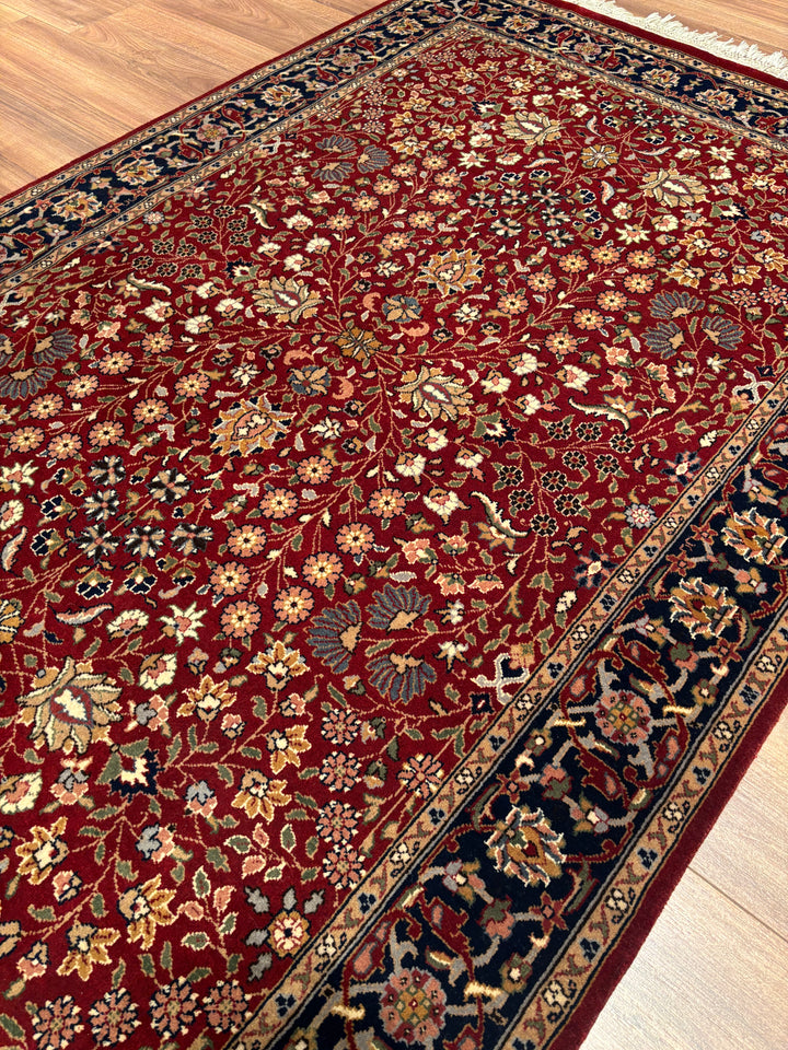 Hereke Seven Mountains Flower Original Handwoven Red and Navy Wool Rug 124x185 cm (2.29 square meters) - 4x6 ft 