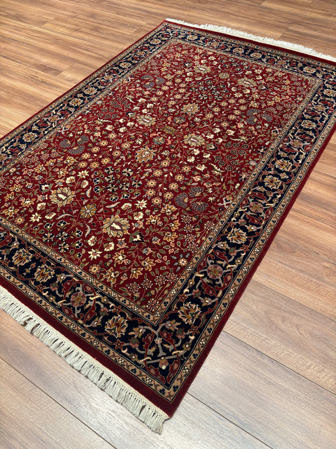 Hereke Seven Mountains Flower Original Handwoven Red and Navy Wool Rug 124x185 cm (2.29 square meters) - 4x6 ft 