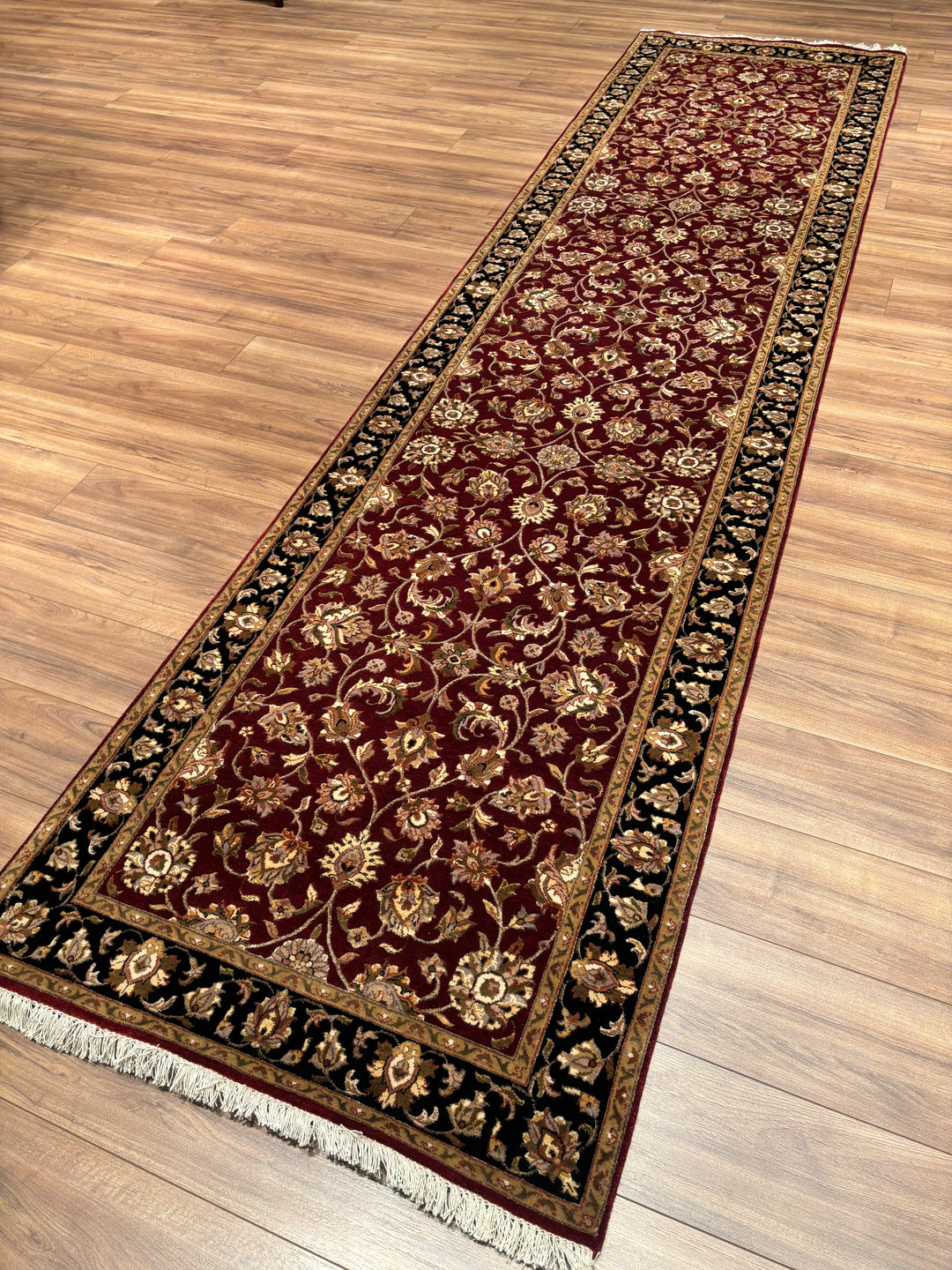 Indian Servant Original Handwoven Black Red Wool Bamboo Runner 101x400 cm (4.04 square meters) - 4x13 ft 