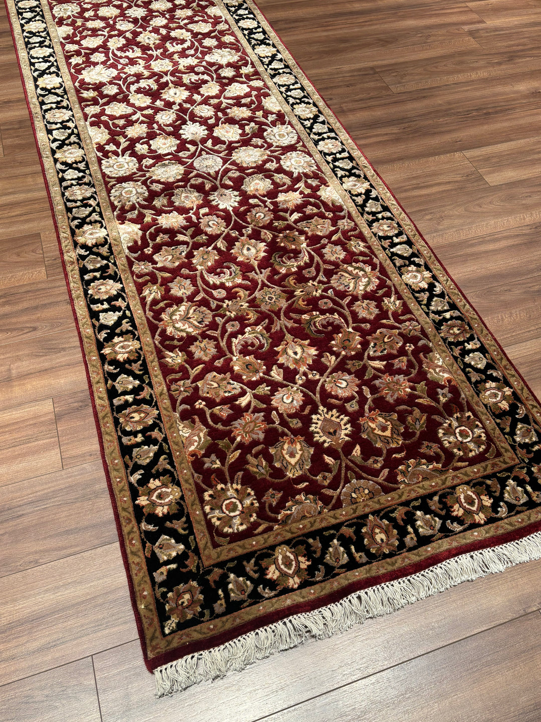 Indian Servant Original Handwoven Black Red Wool Bamboo Runner 101x400 cm (4.04 square meters) - 4x13 ft 