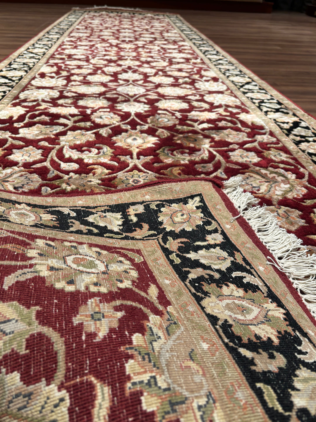 Indian Servant Original Handwoven Black Red Wool Bamboo Runner 101x400 cm (4.04 square meters) - 4x13 ft 