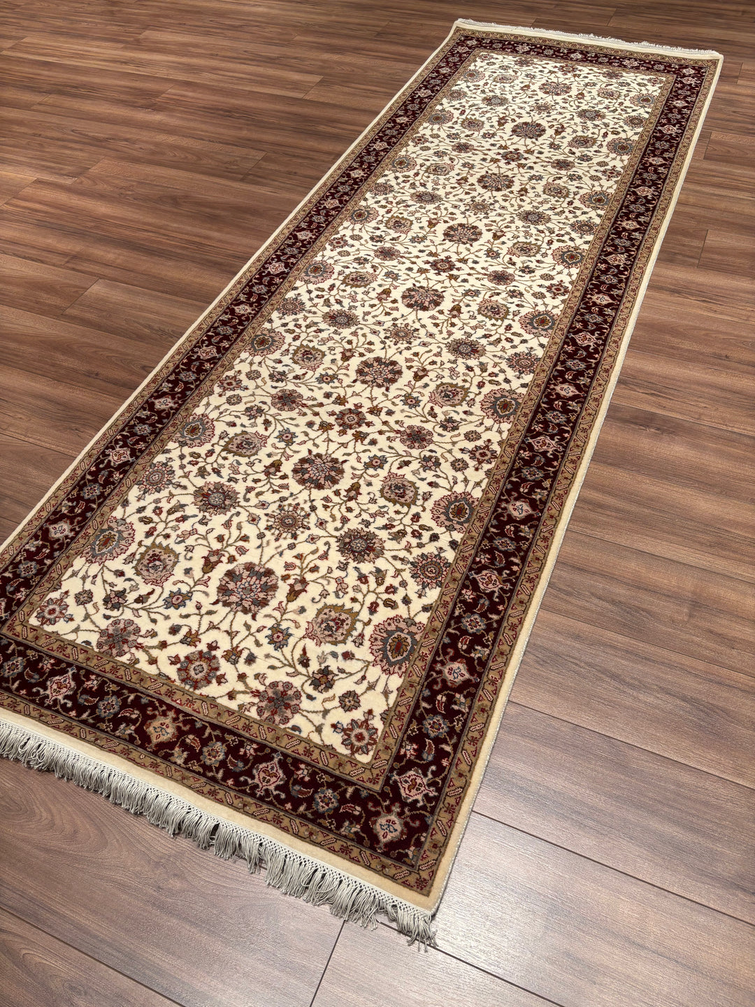 Hint Uşağı Orijinal El Dokuması Bej Kırmızı Yün Bambu Yolluk 103x301 3.10 Metrekare - 4x10 ft