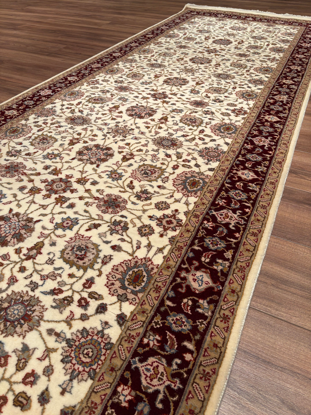 Hint Uşağı Orijinal El Dokuması Bej Kırmızı Yün Bambu Yolluk 103x301 3.10 Metrekare - 4x10 ft