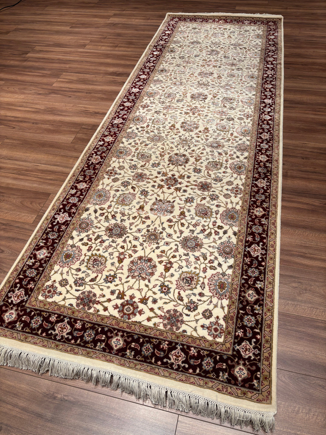 Hint Uşağı Orijinal El Dokuması Bej Kırmızı Yün Bambu Yolluk 103x301 3.10 Metrekare - 4x10 ft