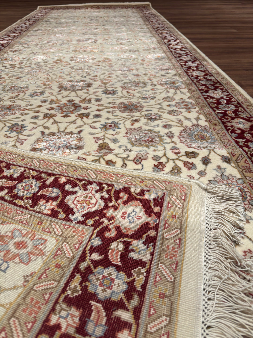 Hint Uşağı Orijinal El Dokuması Bej Kırmızı Yün Bambu Yolluk 103x301 3.10 Metrekare - 4x10 ft