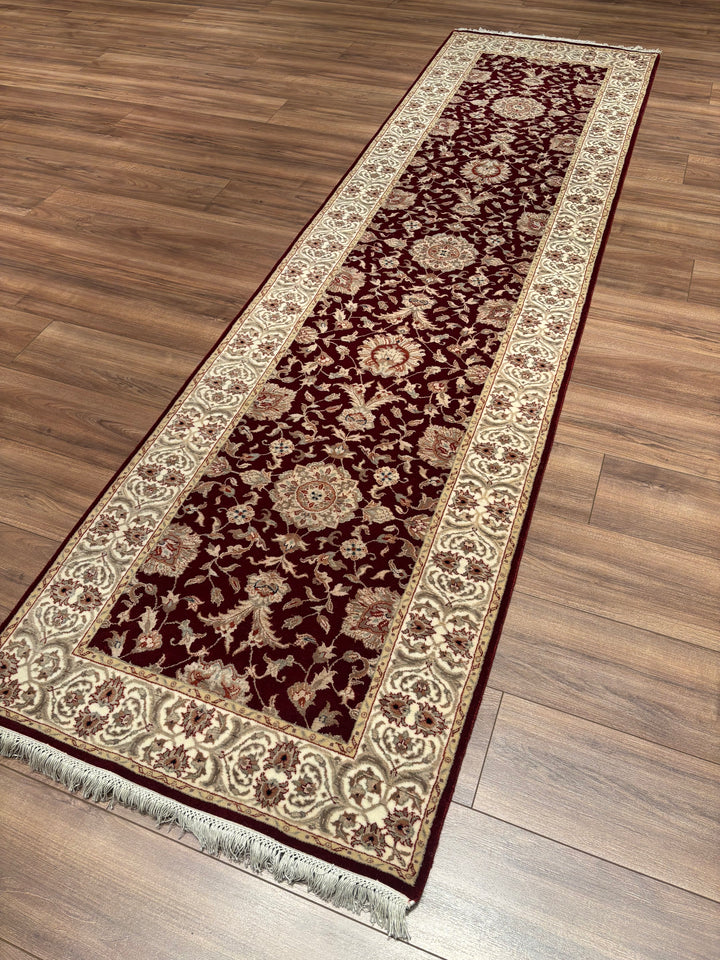 Indian Servant Original Handwoven Beige Red Wool Bamboo Runner 0.83x304 2.52 Square Meters - 3x10 ft 