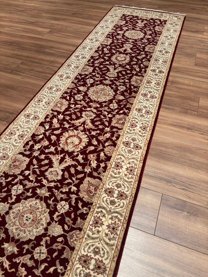 Indian Servant Original Handwoven Beige Red Wool Bamboo Runner 0.83x304 2.52 Square Meters - 3x10 ft 