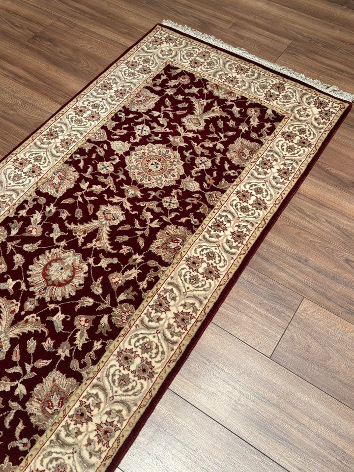Indian Servant Original Handwoven Beige Red Wool Bamboo Runner 0.83x304 2.52 Square Meters - 3x10 ft 
