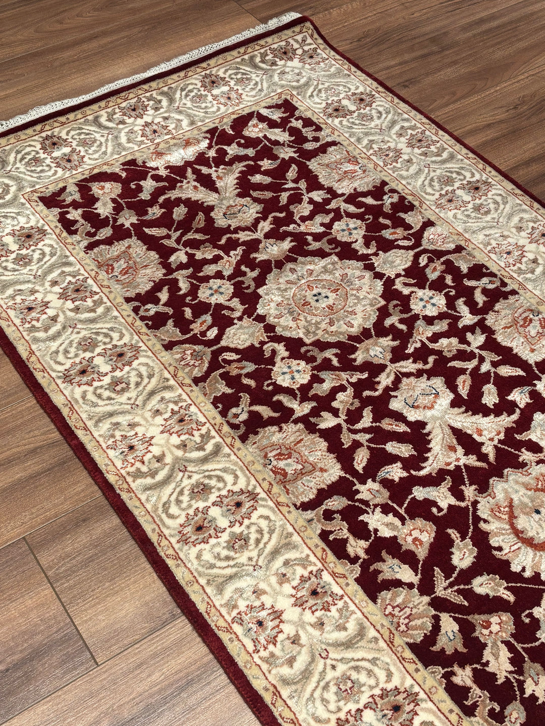 Indian Servant Original Handwoven Beige Red Wool Bamboo Runner 0.83x304 2.52 Square Meters - 3x10 ft 