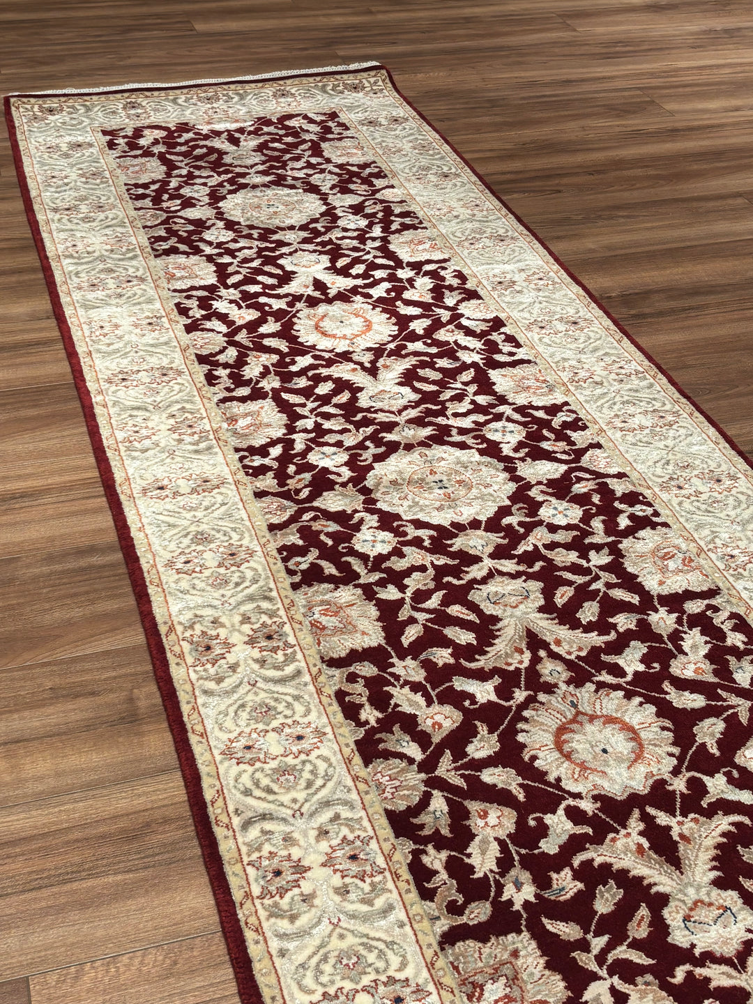 Indian Servant Original Handwoven Beige Red Wool Bamboo Runner 0.83x304 2.52 Square Meters - 3x10 ft 