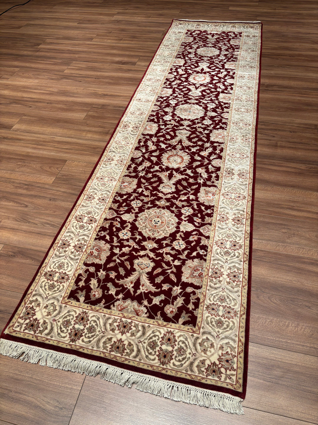 Indian Servant Original Handwoven Beige Red Wool Bamboo Runner 0.83x304 2.52 Square Meters - 3x10 ft 