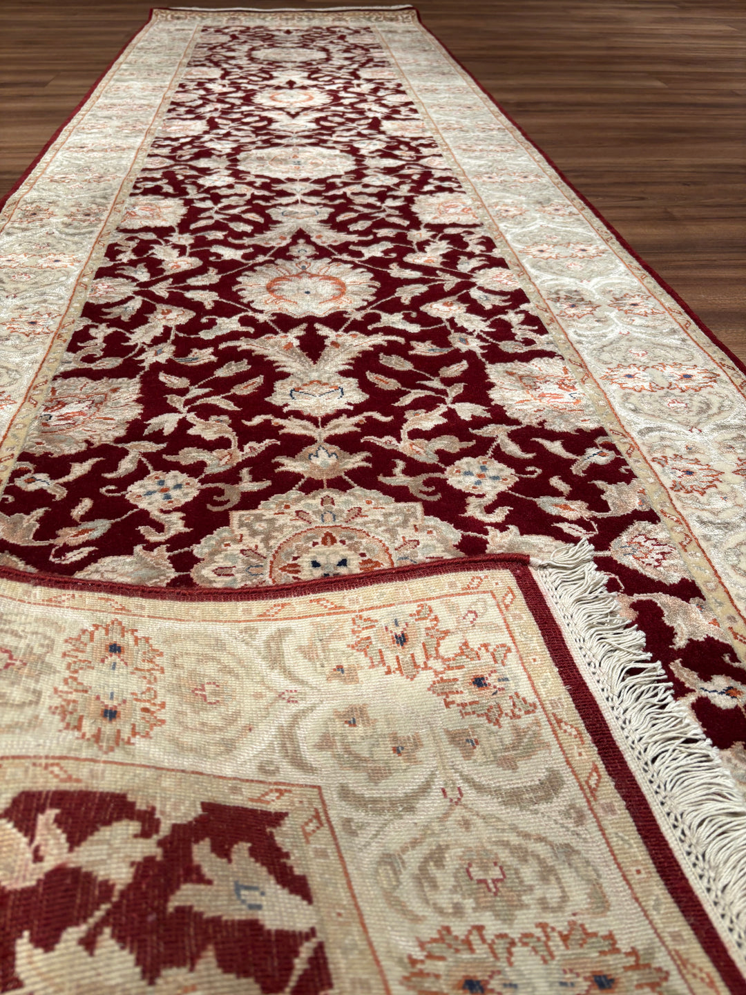 Indian Servant Original Handwoven Beige Red Wool Bamboo Runner 0.83x304 2.52 Square Meters - 3x10 ft 
