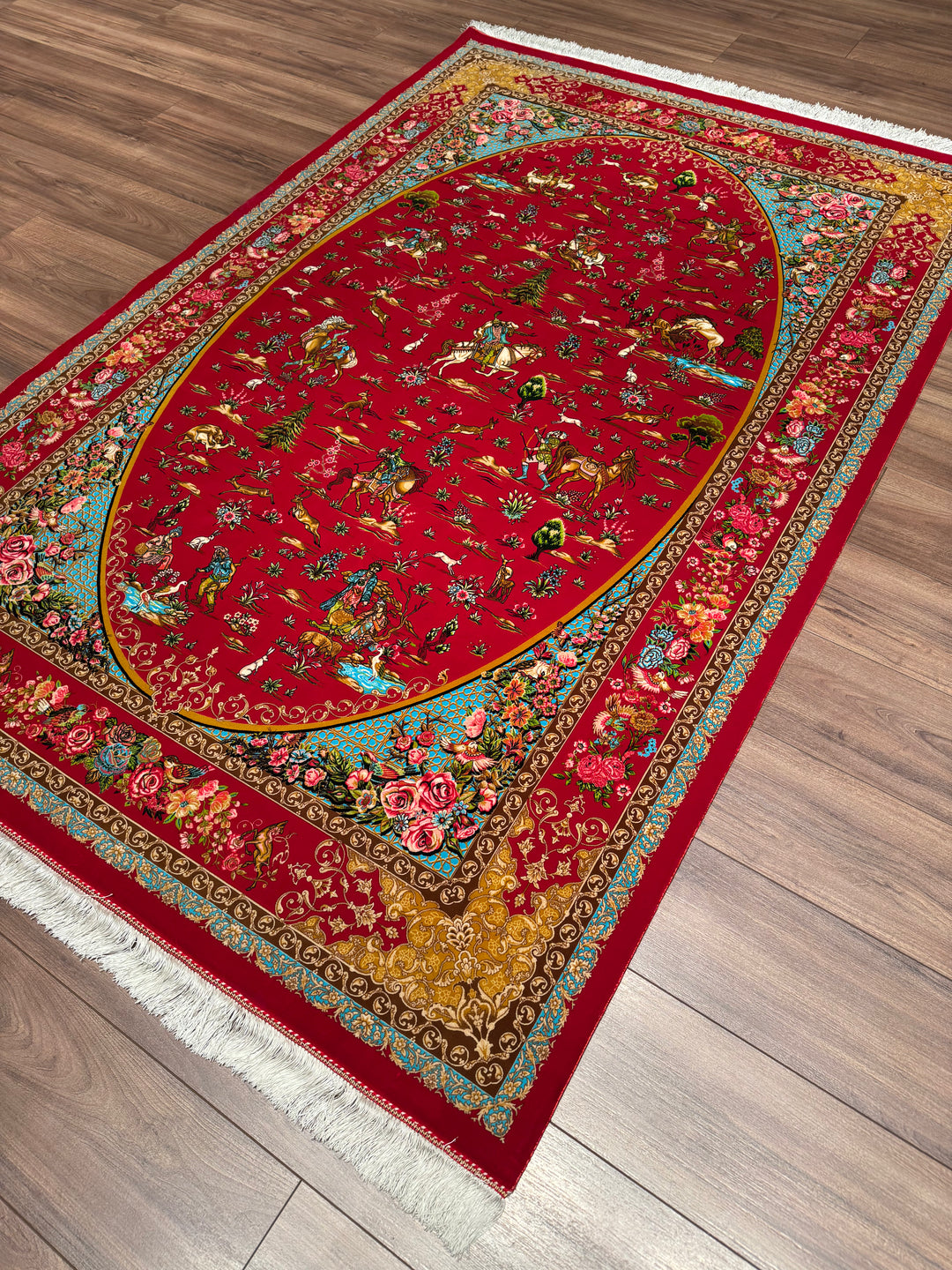 Iranian Hunting Scene Red Modal Silk Rug 150x225 cm (3.38 square meters) - 5x7 ft