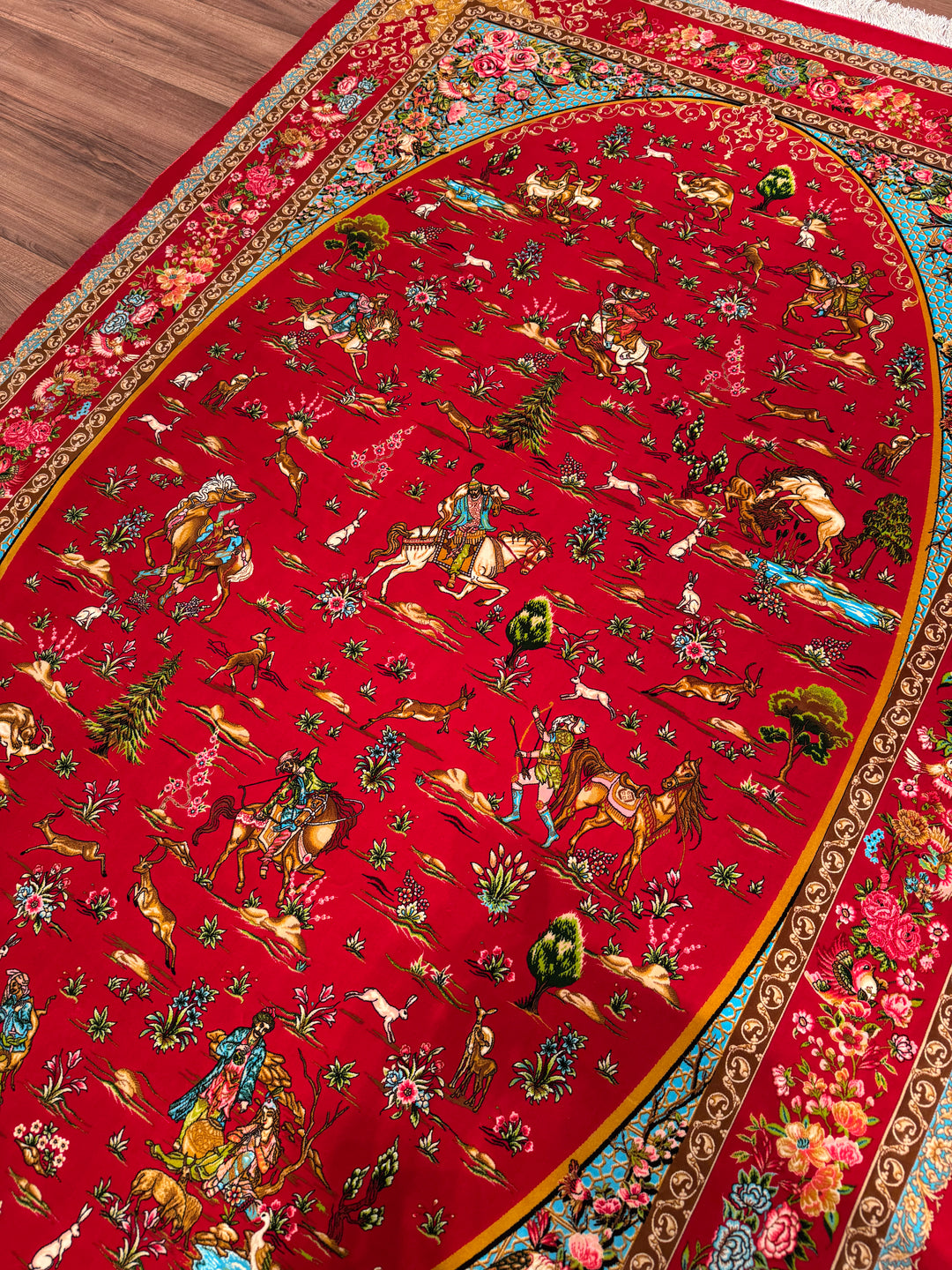 Iranian Hunting Scene Red Modal Silk Rug 150x225 cm (3.38 square meters) - 5x7 ft