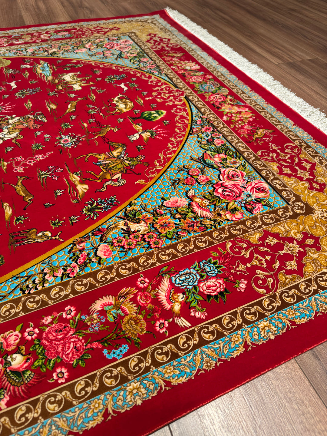 Iranian Hunting Scene Red Modal Silk Rug 150x225 cm (3.38 square meters) - 5x7 ft