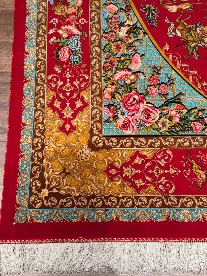 Iranian Hunting Scene Red Modal Silk Rug 150x225 cm (3.38 square meters) - 5x7 ft