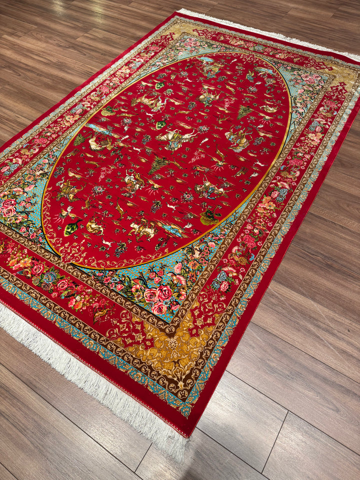 Iranian Hunting Scene Red Modal Silk Rug 150x225 cm (3.38 square meters) - 5x7 ft