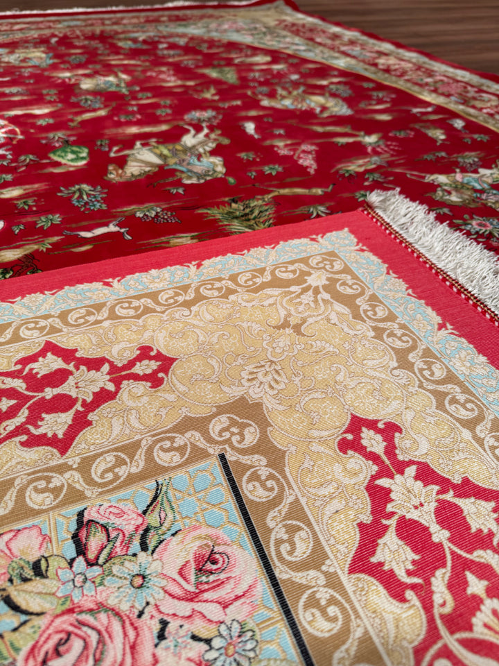 Iranian Hunting Scene Red Modal Silk Rug 150x225 cm (3.38 square meters) - 5x7 ft