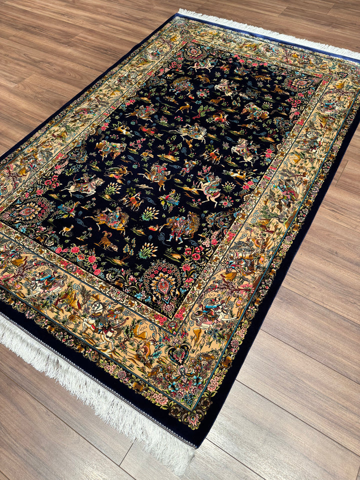 Iranian Hunting Scene Navy Blue Modal Silk Rug 150x225 cm (3.38 square meters) - 5x7 ft