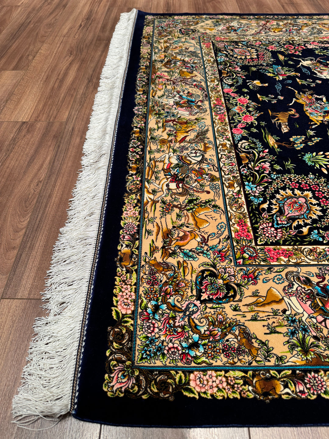 Iranian Hunting Scene Navy Blue Modal Silk Rug 150x225 cm (3.38 square meters) - 5x7 ft