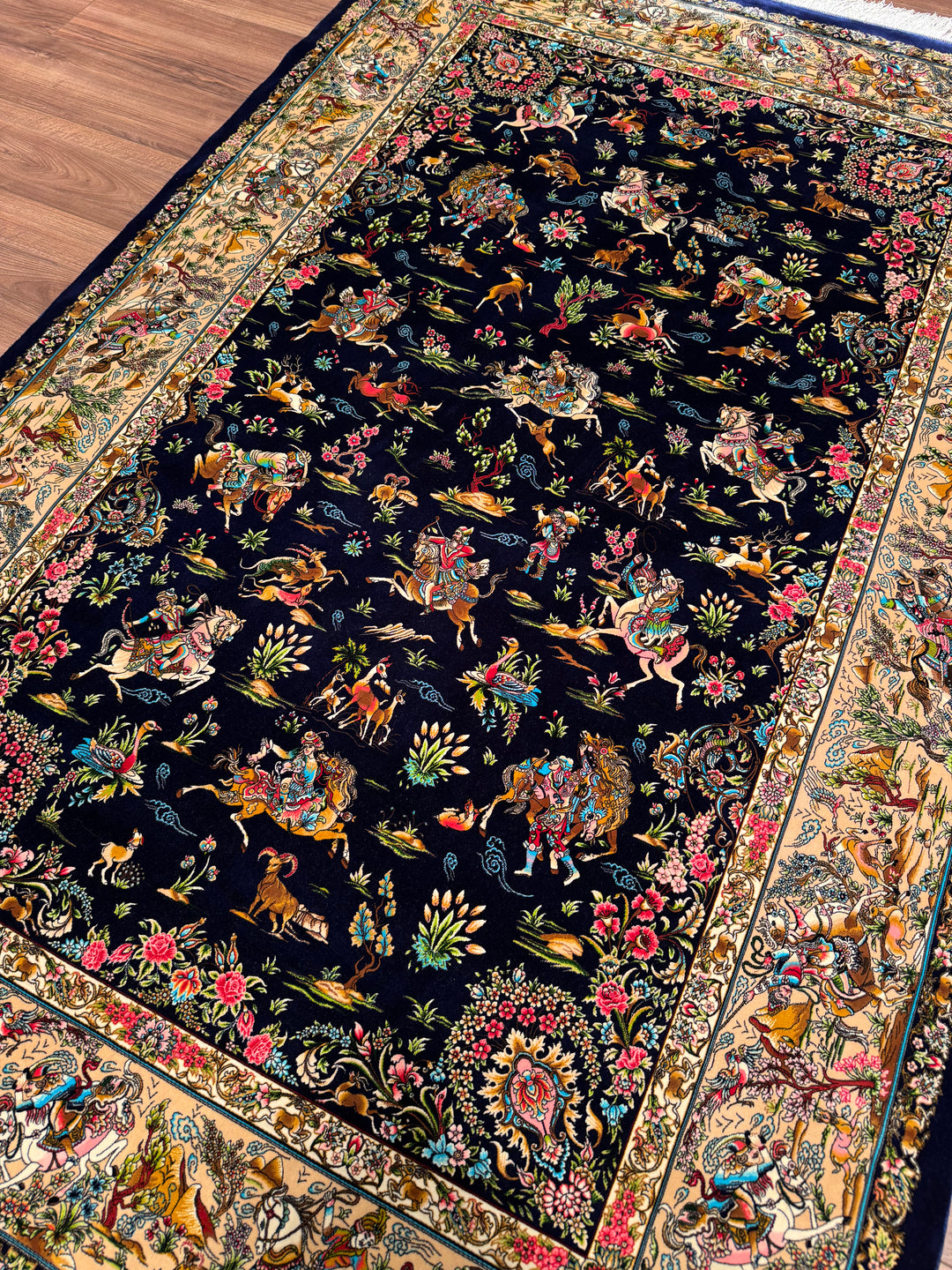 Iranian Hunting Scene Navy Blue Modal Silk Rug 150x225 cm (3.38 square meters) - 5x7 ft