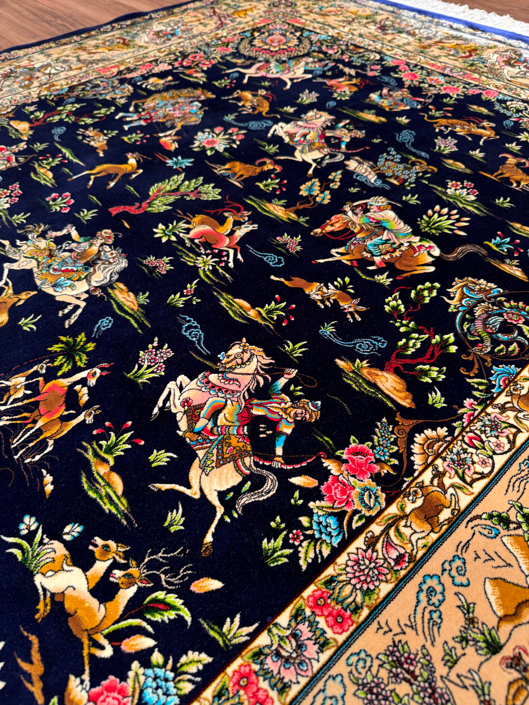 Iranian Hunting Scene Navy Blue Modal Silk Rug 150x225 cm (3.38 square meters) - 5x7 ft
