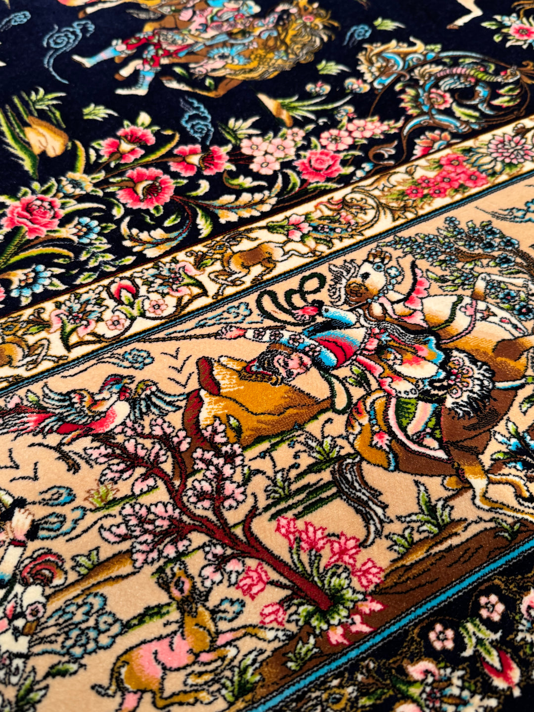 Iranian Hunting Scene Navy Blue Modal Silk Rug 150x225 cm (3.38 square meters) - 5x7 ft