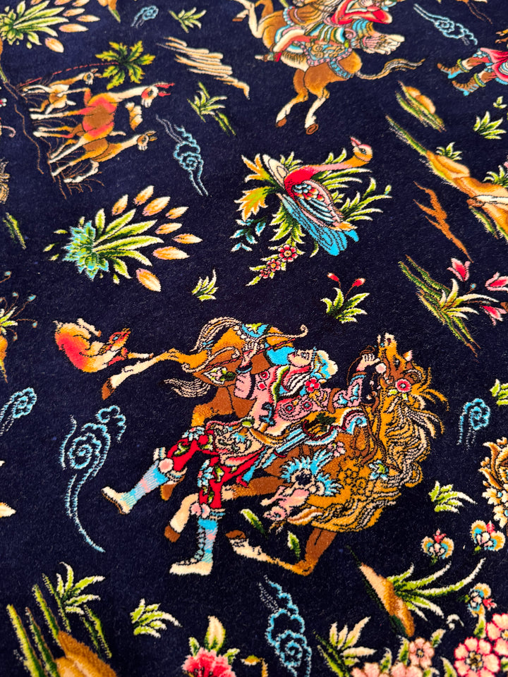 Iranian Hunting Scene Navy Blue Modal Silk Rug 150x225 cm (3.38 square meters) - 5x7 ft