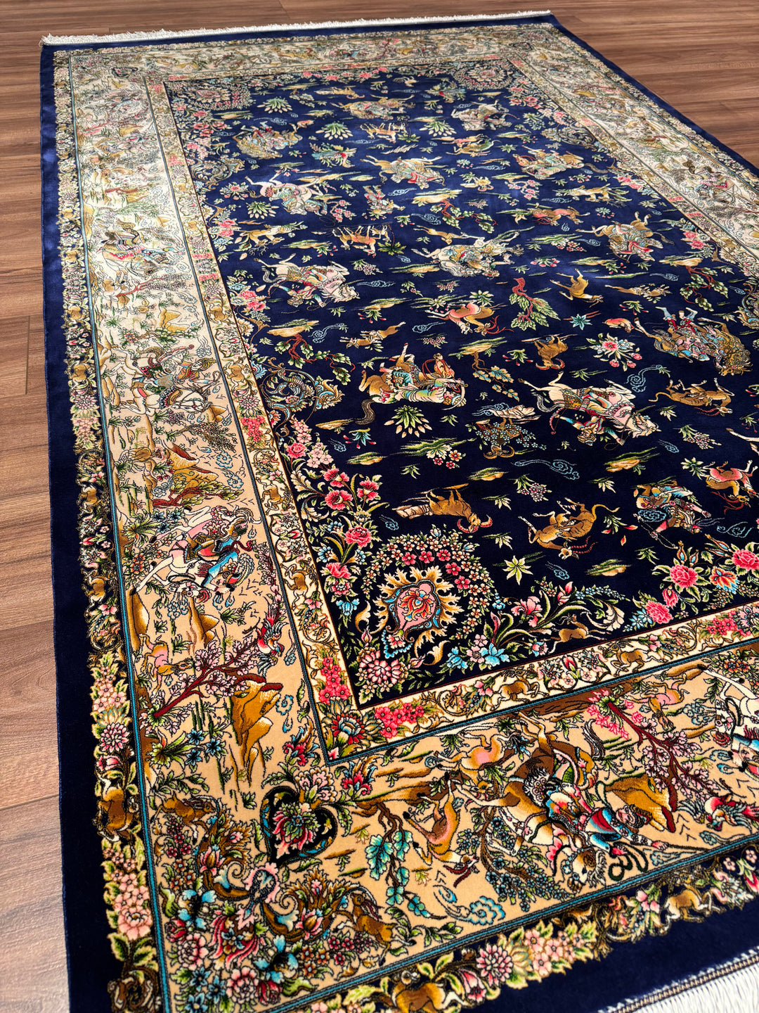 Iranian Hunting Scene Navy Blue Modal Silk Rug 150x225 cm (3.38 square meters) - 5x7 ft