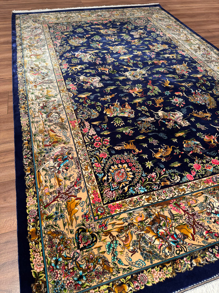 Iranian Hunting Scene Navy Blue Modal Silk Rug 150x225 cm (3.38 square meters) - 5x7 ft