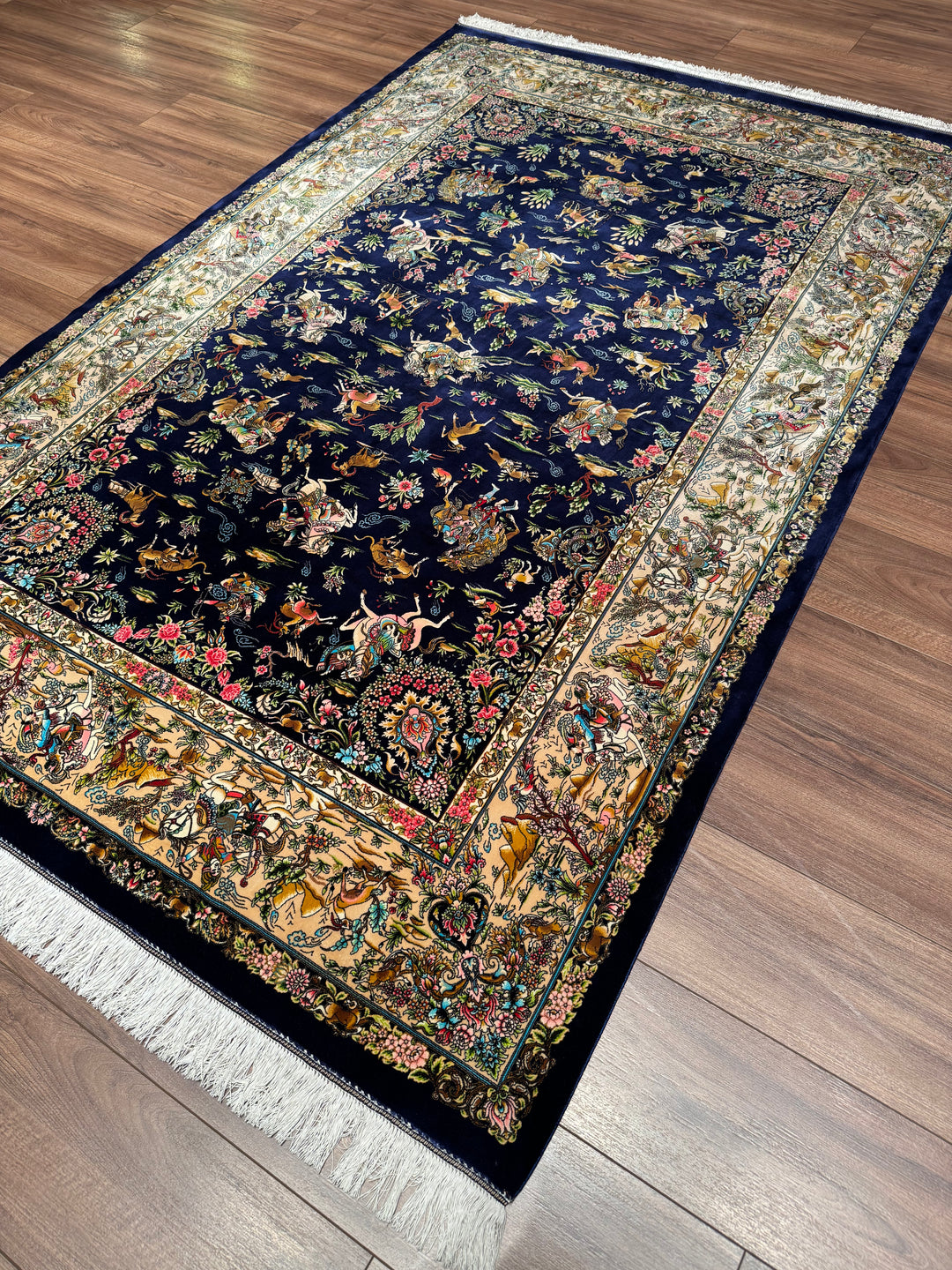 Iranian Hunting Scene Navy Blue Modal Silk Rug 150x225 cm (3.38 square meters) - 5x7 ft