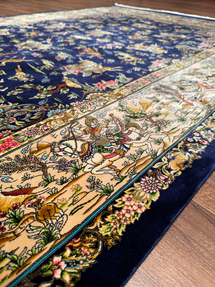Iranian Hunting Scene Navy Blue Modal Silk Rug 150x225 cm (3.38 square meters) - 5x7 ft