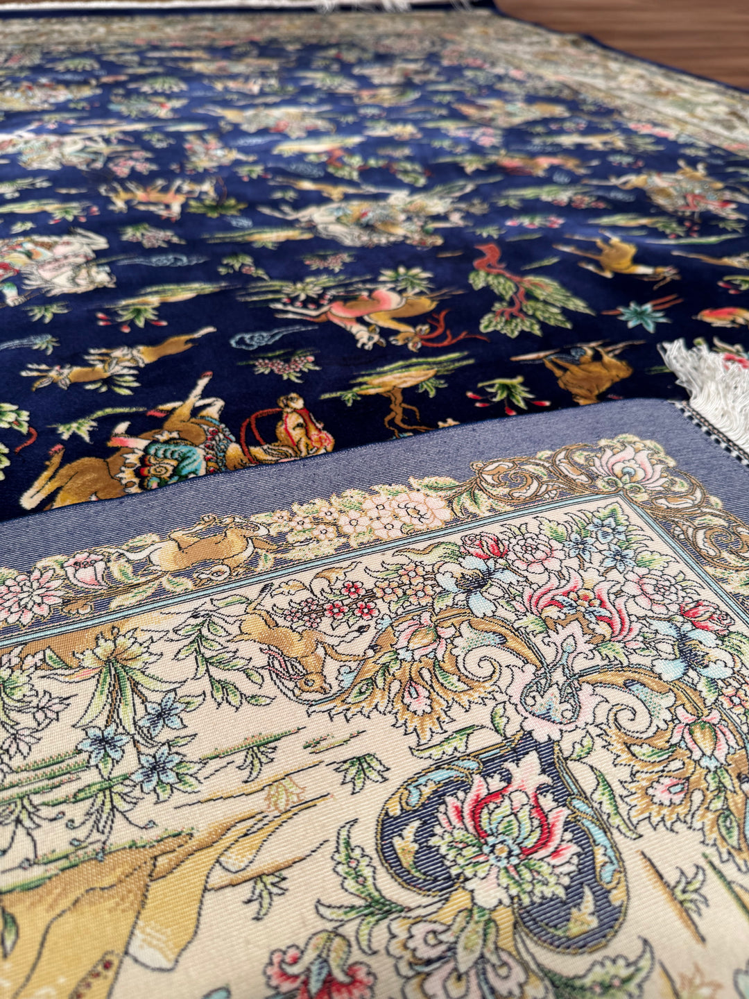 Iranian Hunting Scene Navy Blue Modal Silk Rug 150x225 cm (3.38 square meters) - 5x7 ft