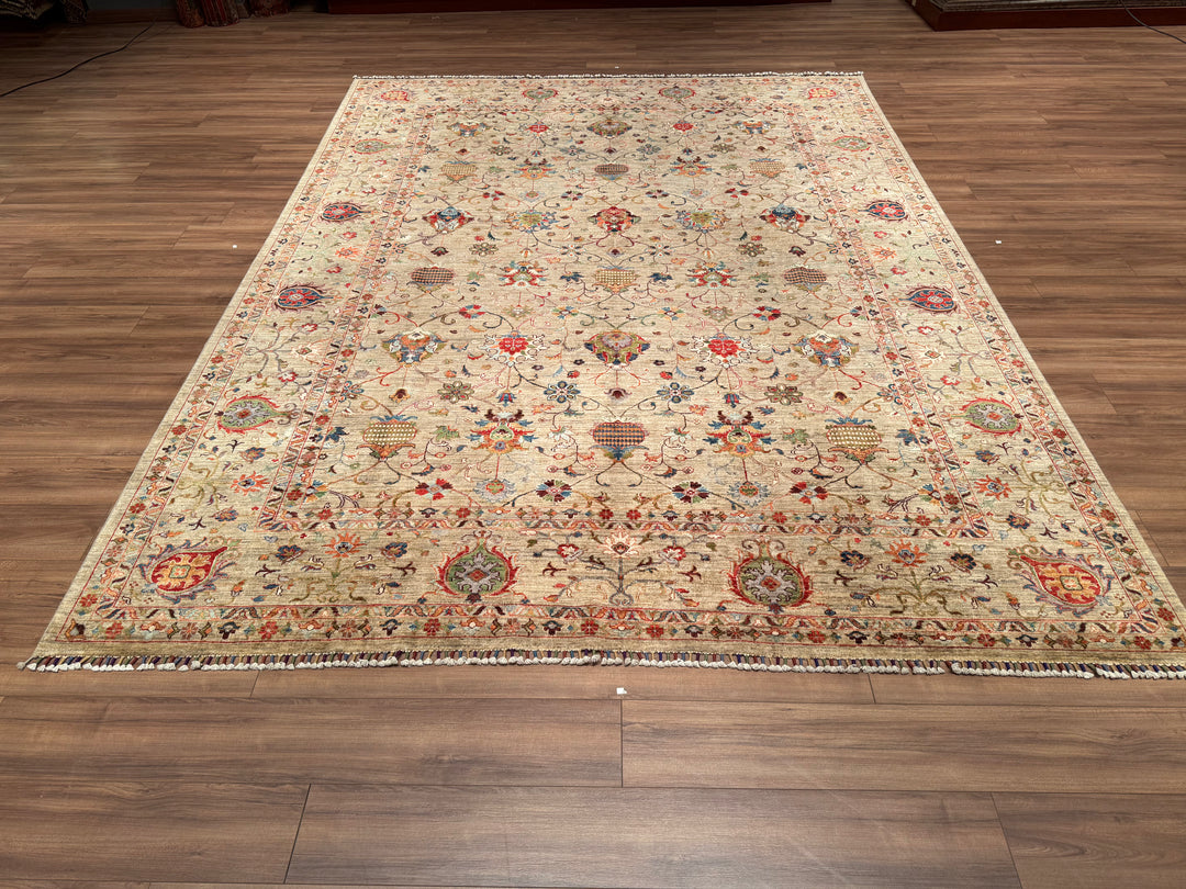 Sultani Binbirgece Orjinal El Dokuması Bej Kök Boya Yün Halı 272x357 9.71 Metrekare - 9x12 ft