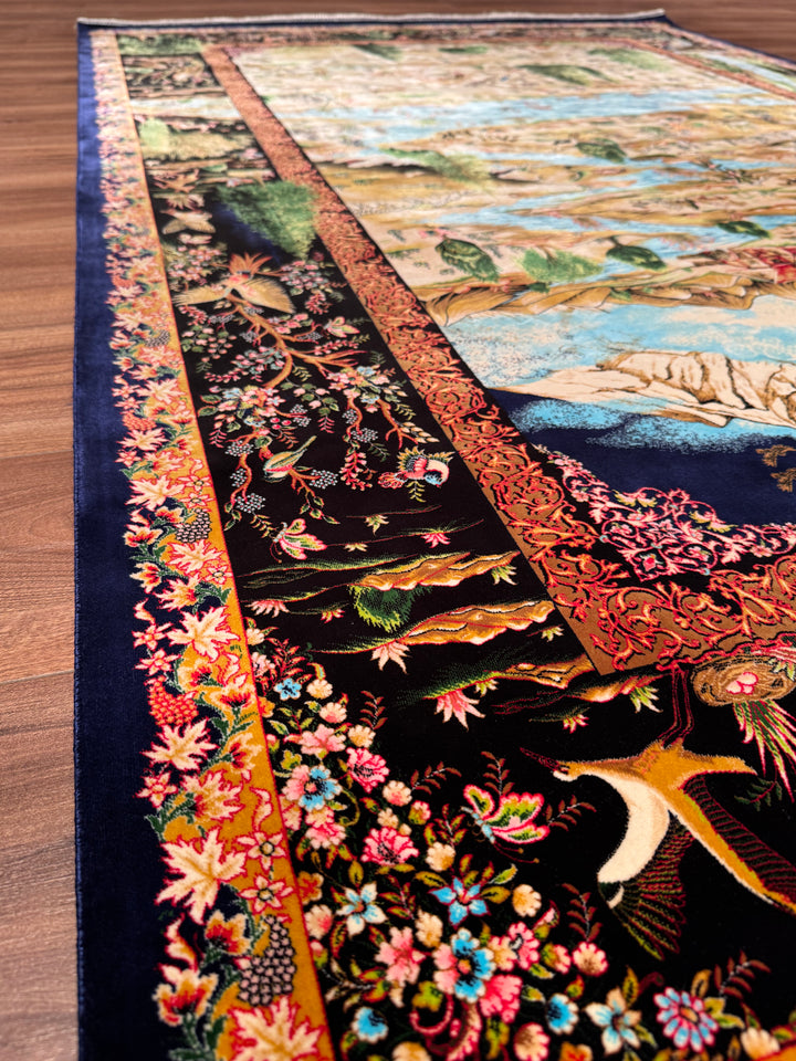 Iranian Tabriz Plain Navy Blue Modal Silk Carpet 150x225 cm (3.38 square meters) - 5x7 ft