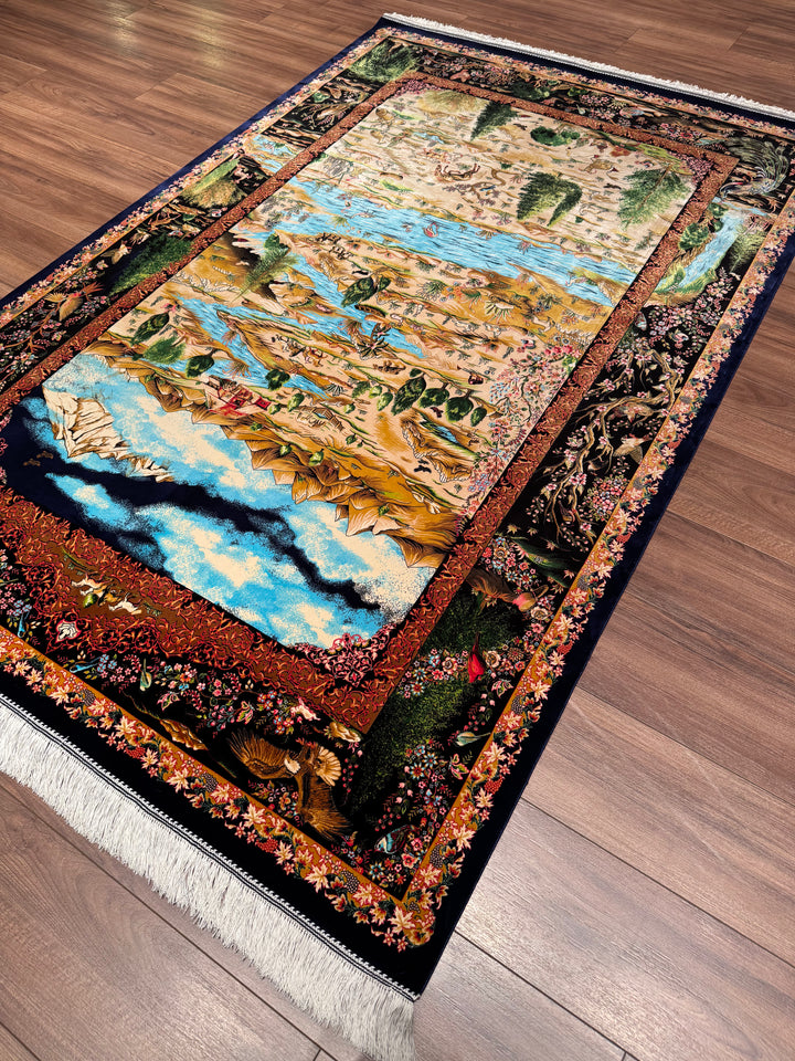 Iranian Tabriz Plain Navy Blue Modal Silk Carpet 150x225 cm (3.38 square meters) - 5x7 ft