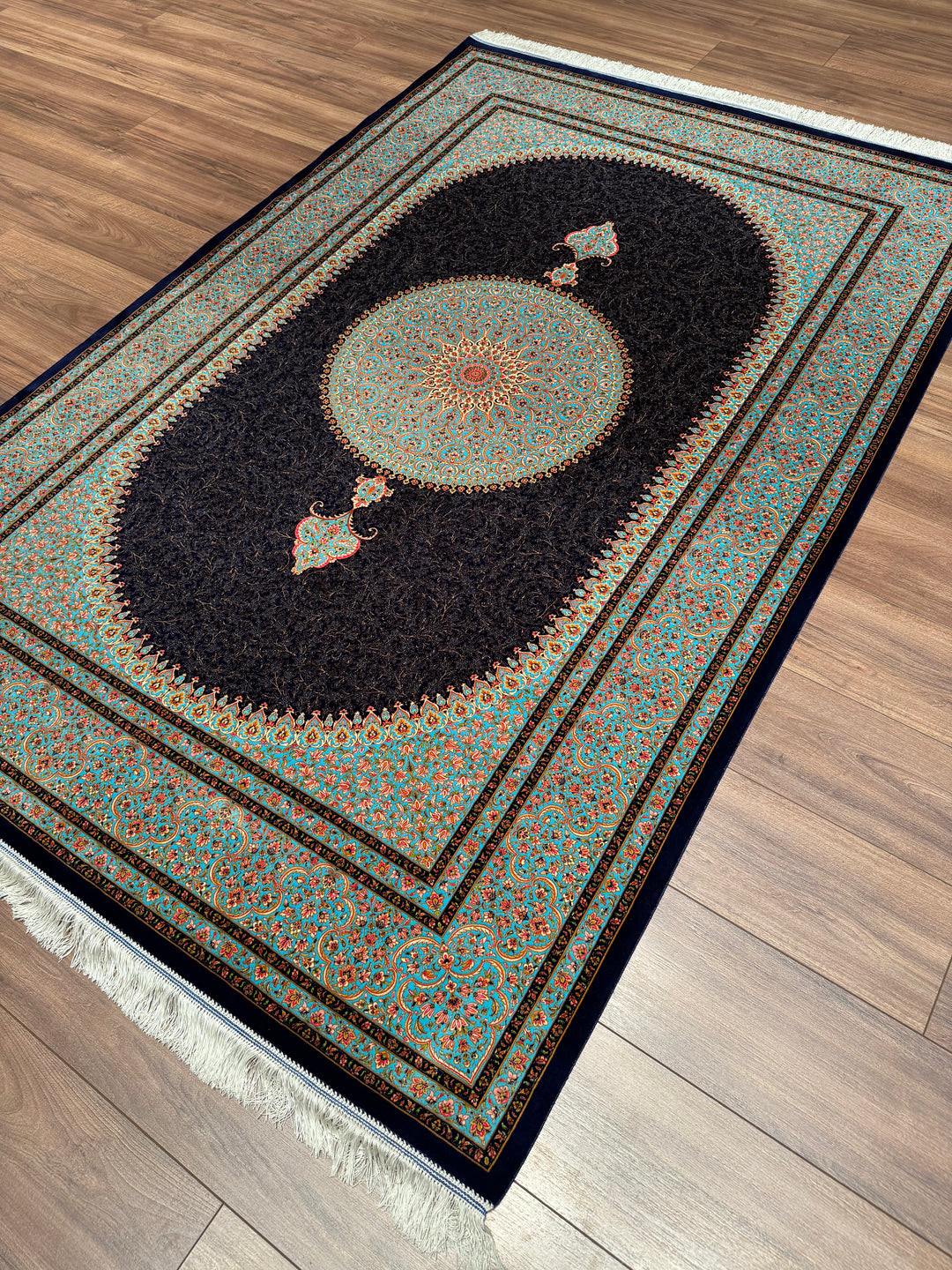 Iranian Medallion Navy Blue Modal Silk Rug 150x225 cm (3.38 square meters) - 5x7 ft