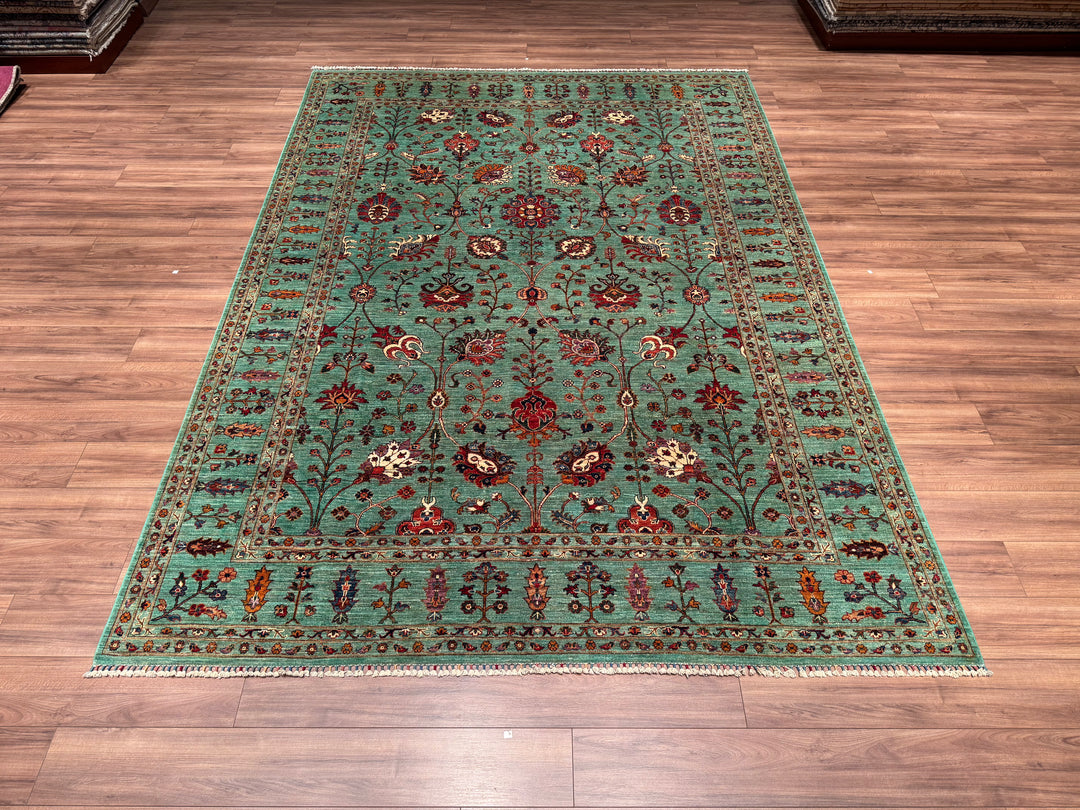 Sultani Çiçekli Orjinal El Dokuması Turkuaz Kök Boya Yün Halı 252x350 8.82 Metrekare - 9x12 ft