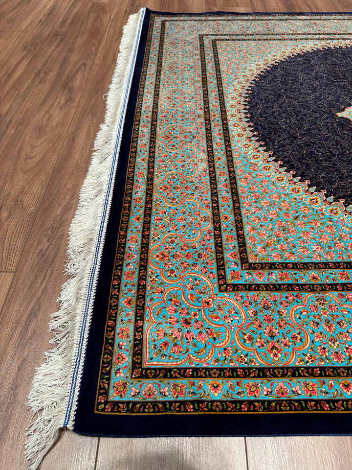 Iranian Medallion Navy Blue Modal Silk Rug 150x225 cm (3.38 square meters) - 5x7 ft
