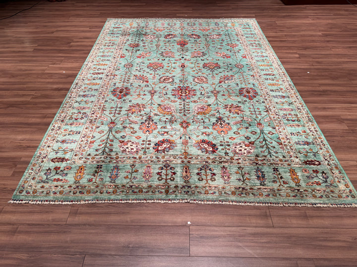 Sultani Floral Original Hand Woven Turquoise Vegetable Dyed Wool Carpet 252x350 8.82 Square Meters - 9x12 ft