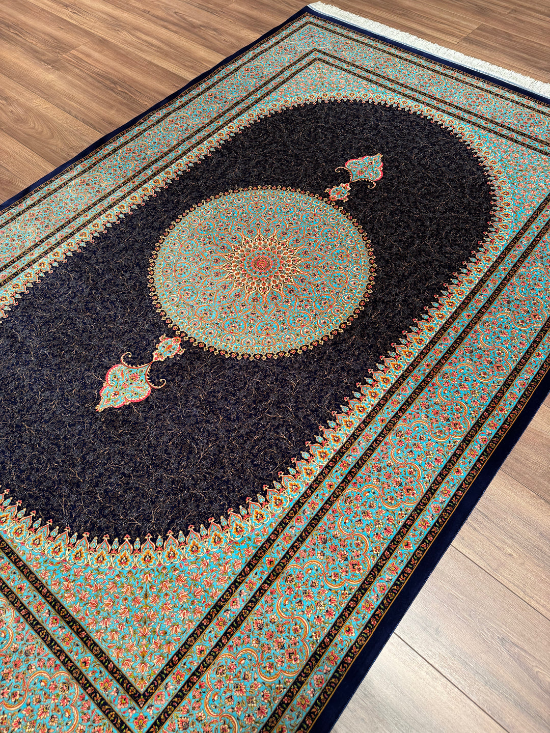 Iranian Medallion Navy Blue Modal Silk Rug 150x225 cm (3.38 square meters) - 5x7 ft