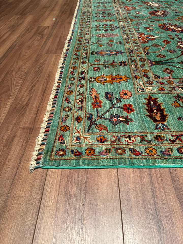 Sultani Floral Original Hand Woven Turquoise Vegetable Dyed Wool Carpet 252x350 8.82 Square Meters - 9x12 ft