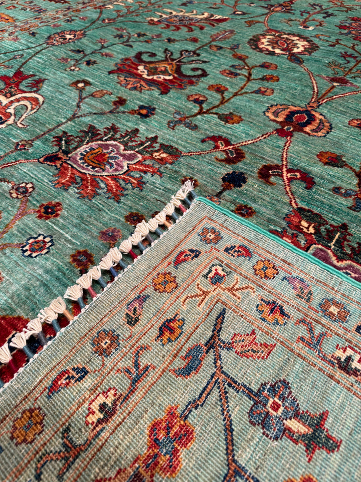 Sultani Floral Original Hand Woven Turquoise Vegetable Dyed Wool Carpet 252x350 8.82 Square Meters - 9x12 ft