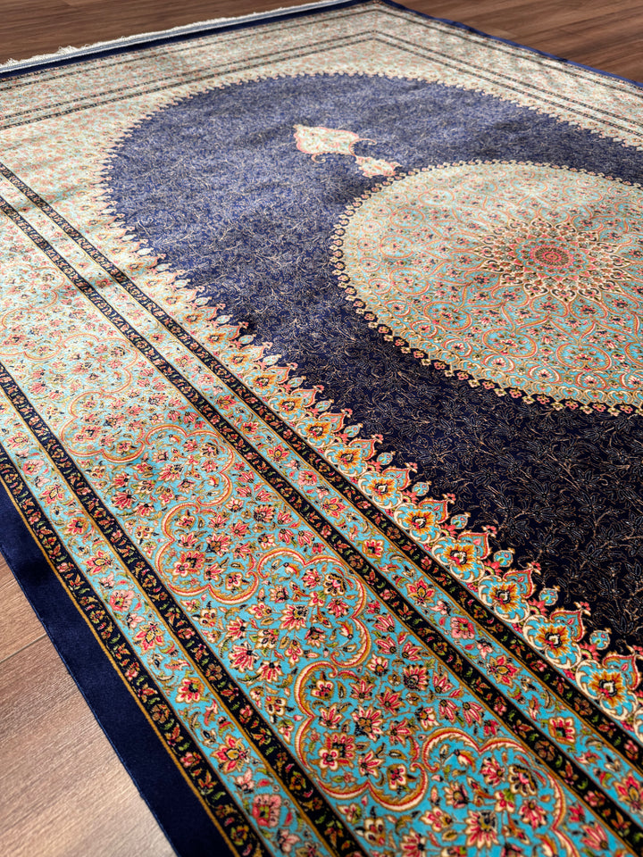 Iranian Medallion Navy Blue Modal Silk Rug 150x225 cm (3.38 square meters) - 5x7 ft